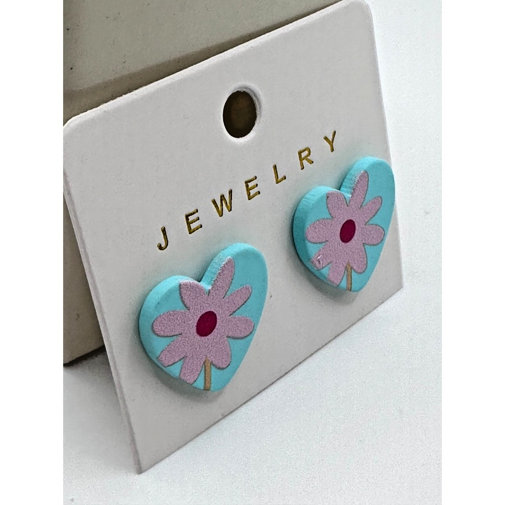 Blue Hearts with Pink Daisies Valentine Acrylic Stainless Steel Earrings